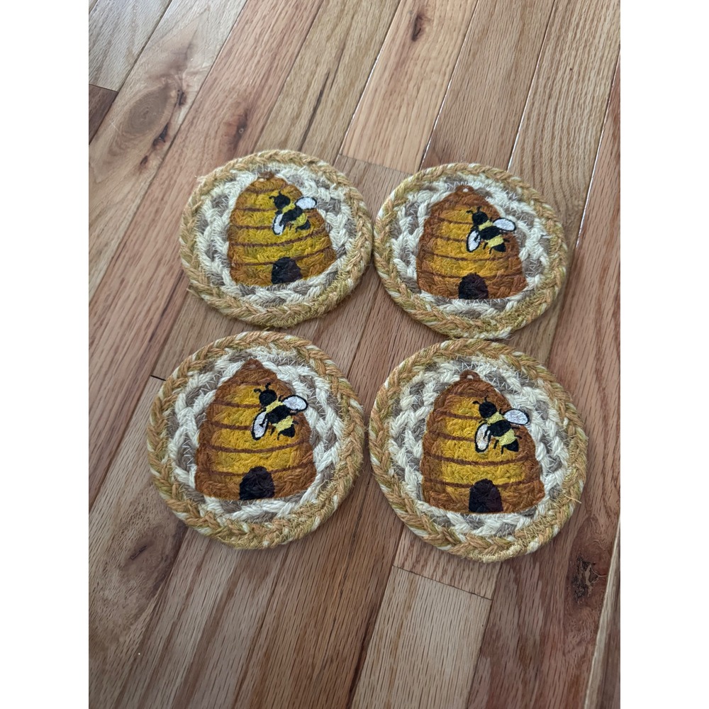 Bumble Bee Beehive Braided Jute Coasters Set of 4 Rustic Farmhouse Decor 5"